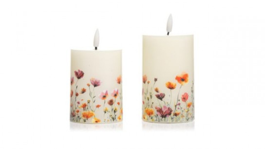 ELAMBIA 2 LED-Kerzen farbenfrohes Motiv Flamme Luma, Timer Höhe 12,5cm & 15cm