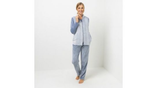 MONT CHALET Damen-Hausanzug,3tlg. Weste, Hose & Shirt geschorene Motive Mikrofaser Chinchilla