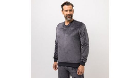 MONT CHALET Herren-Pullover uni Mikrofaser Chinchilla V-Ausschnitt